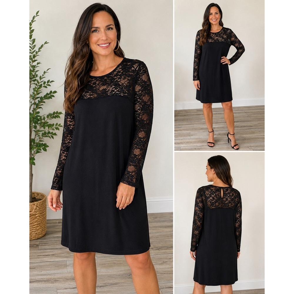 Karen Kane Black Lace Yoke Shift Dress XL Long Sleeve Minimalist Old Money